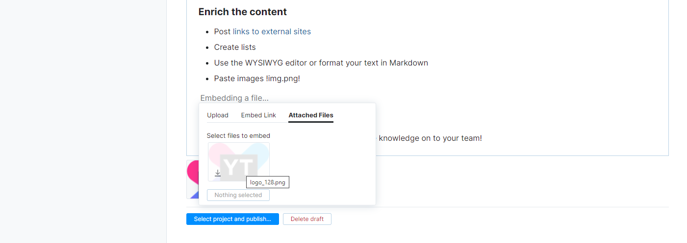 Embed an attached file in article content.