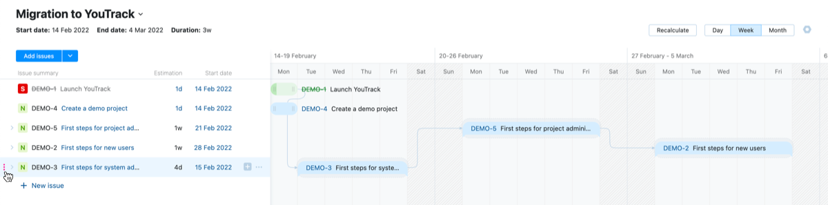 Controls for reordering issues in the sidebar on a Gantt chart.