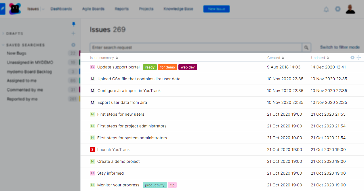 The Issues list in YouTrack Lite.