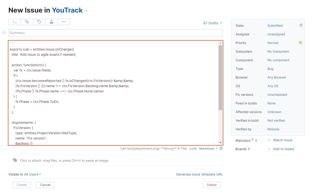 New issue in YouTrack from selected IDE text.