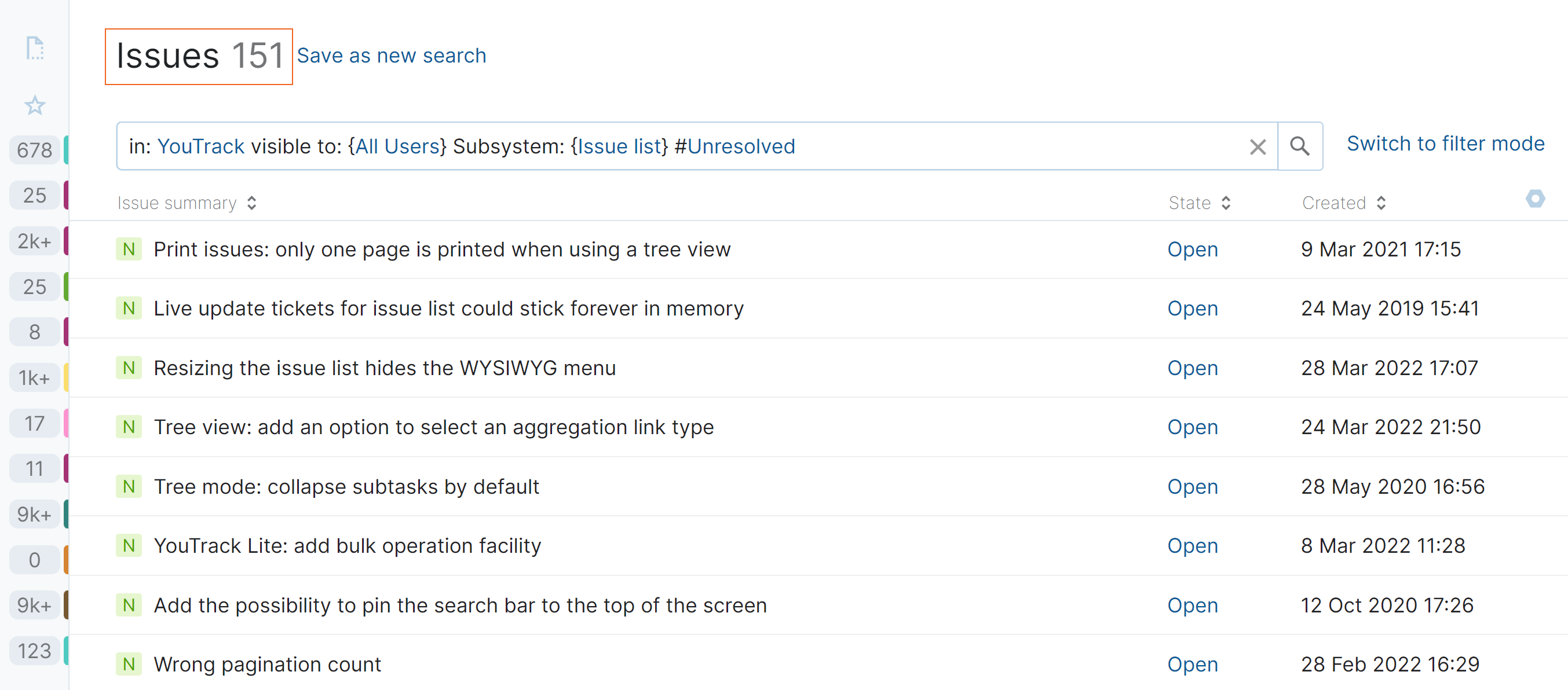 number of issues that match the current search query