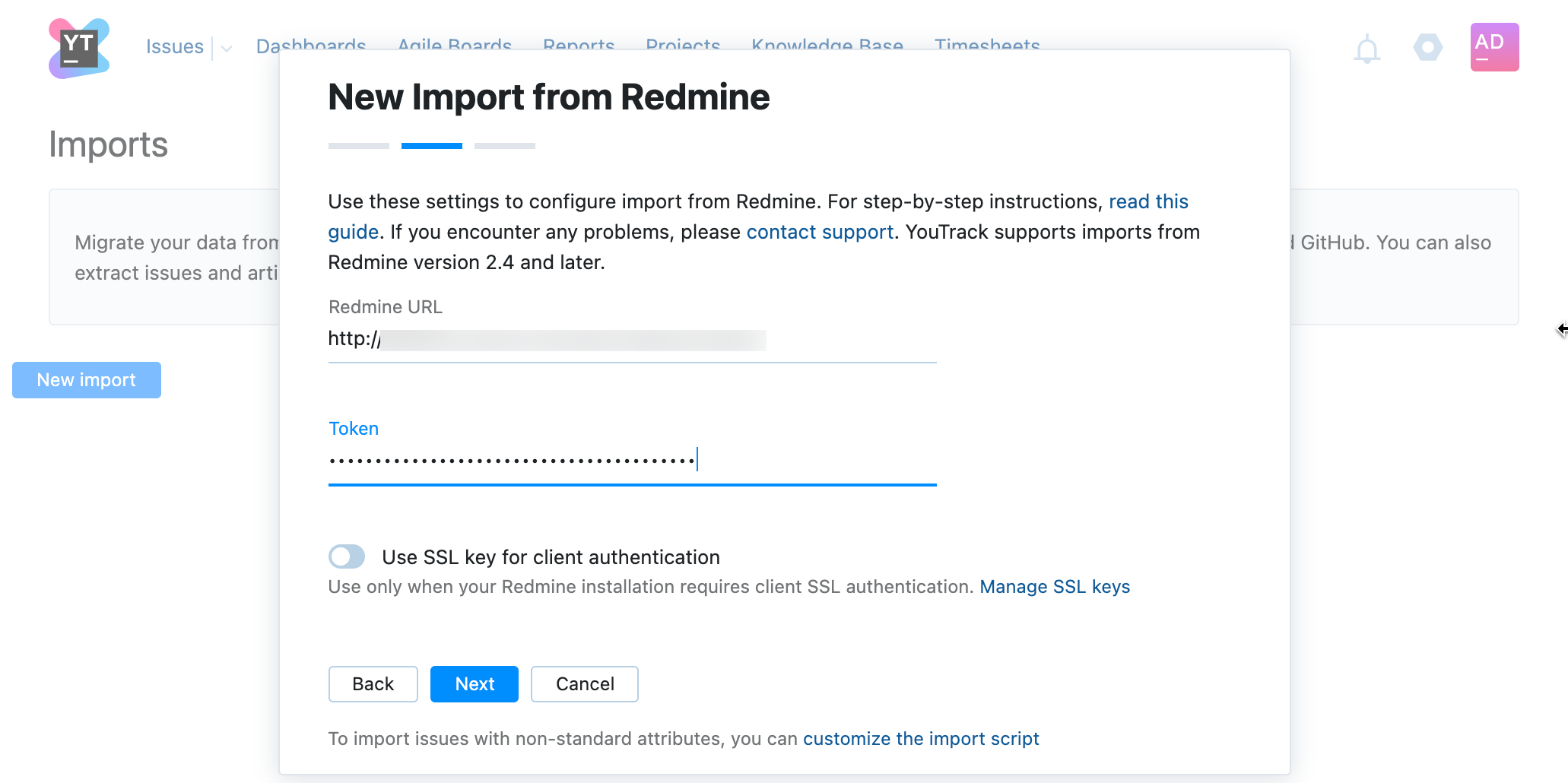 New Import from Redmine dialog.