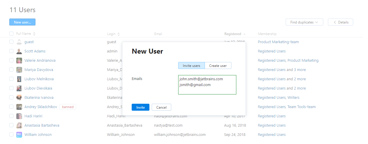 New user dialog invite tab