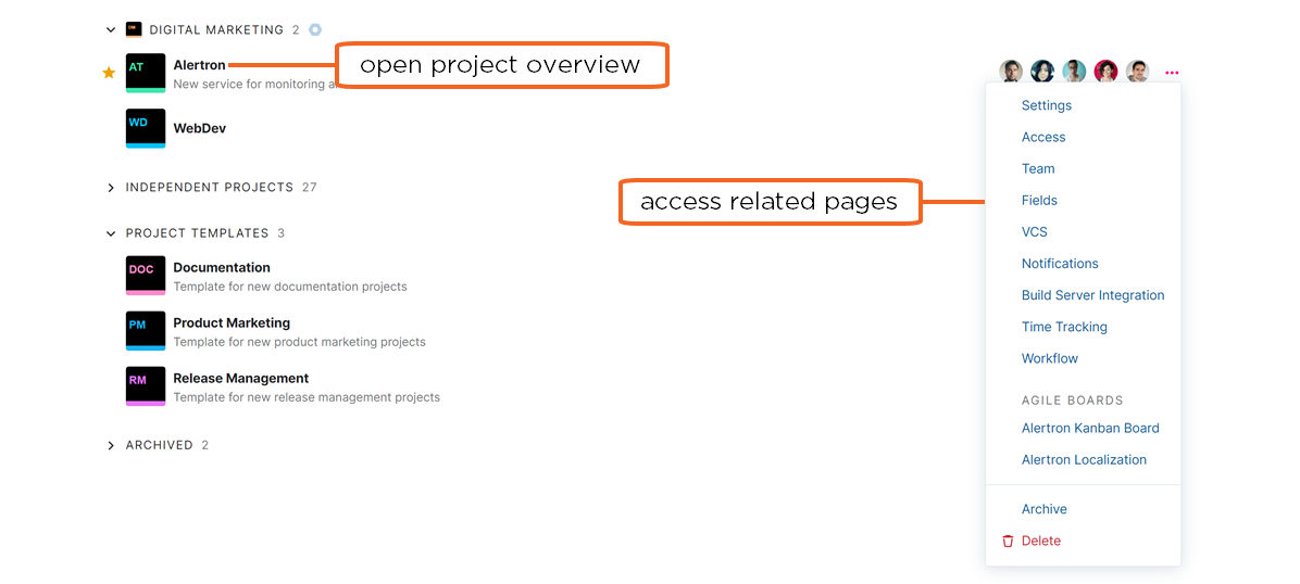 Project list actions