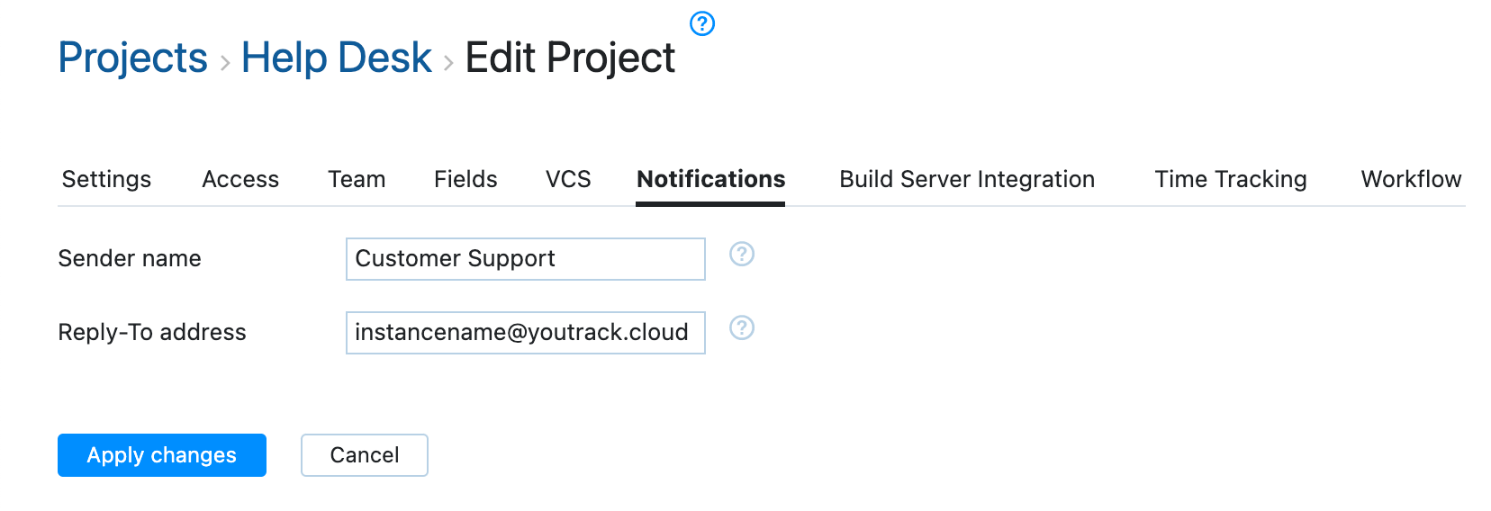 Project notifications settings for help desk.