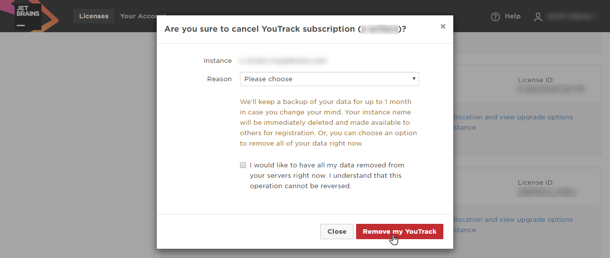 Confirmation dialog for removing a YouTrack InCloud instance.