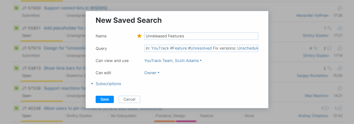 The saved search dialog.