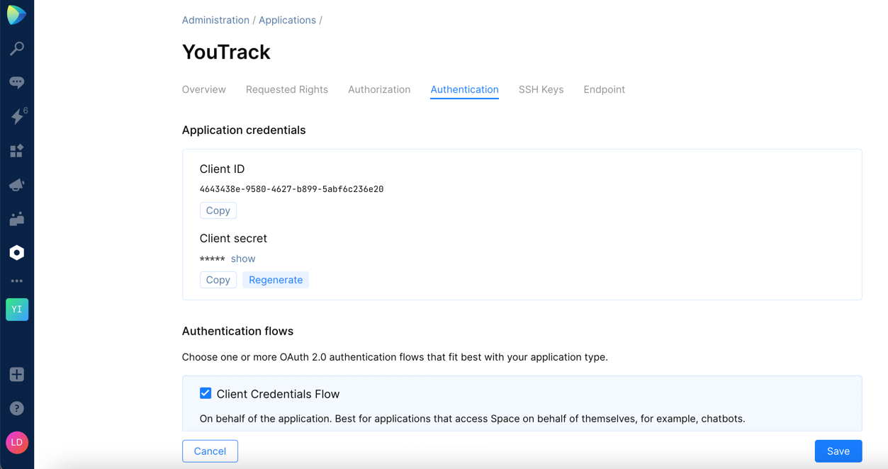 Space application authentication settings