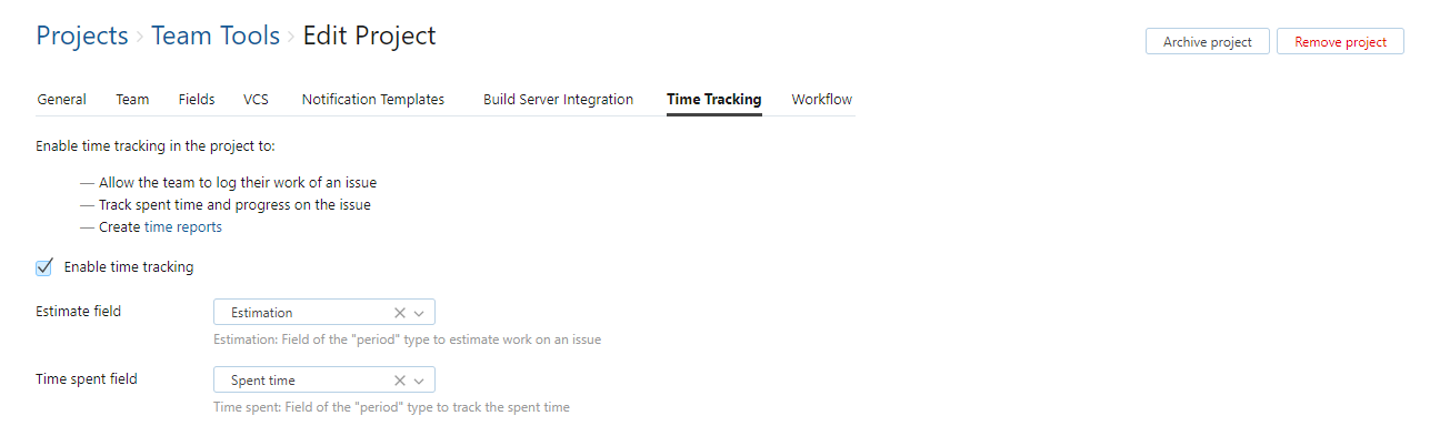 Time tracking settings in project
