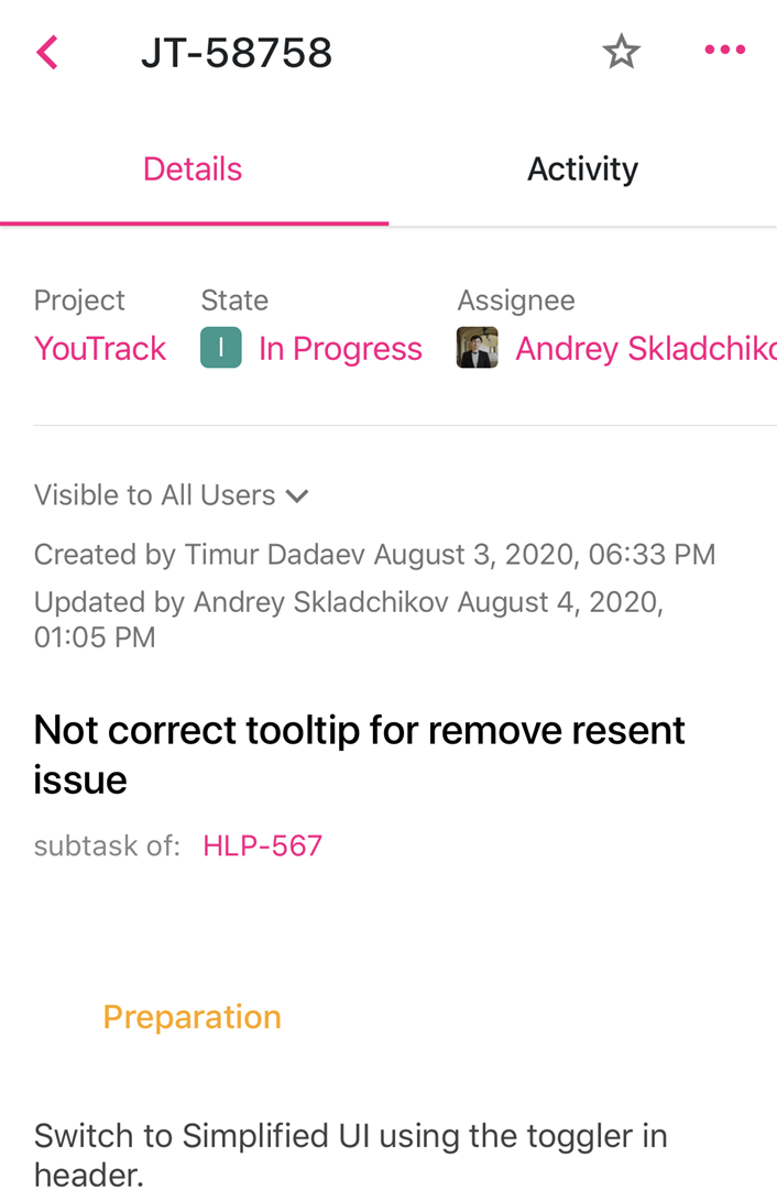 Details tab for single issue in YouTrack Mobile.