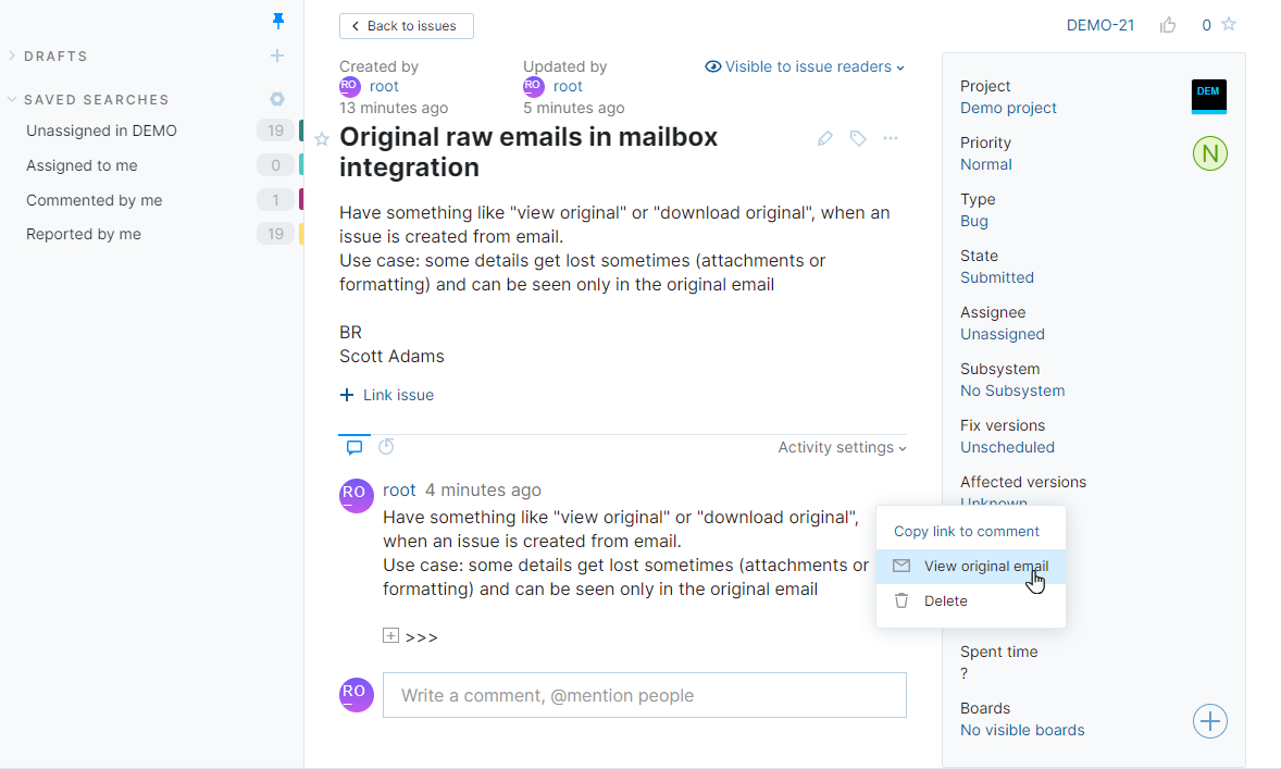 Option to view original email for a comment in YouTrack Lite.