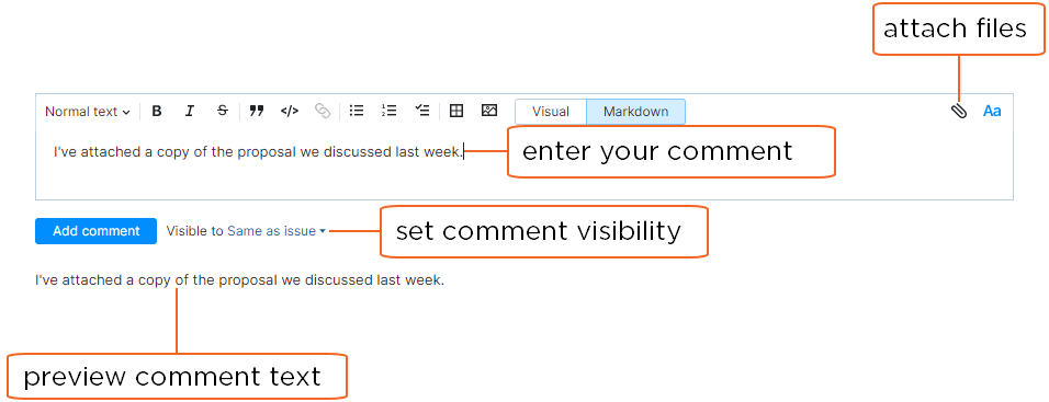 Controls for adding comments in the Issues list.
