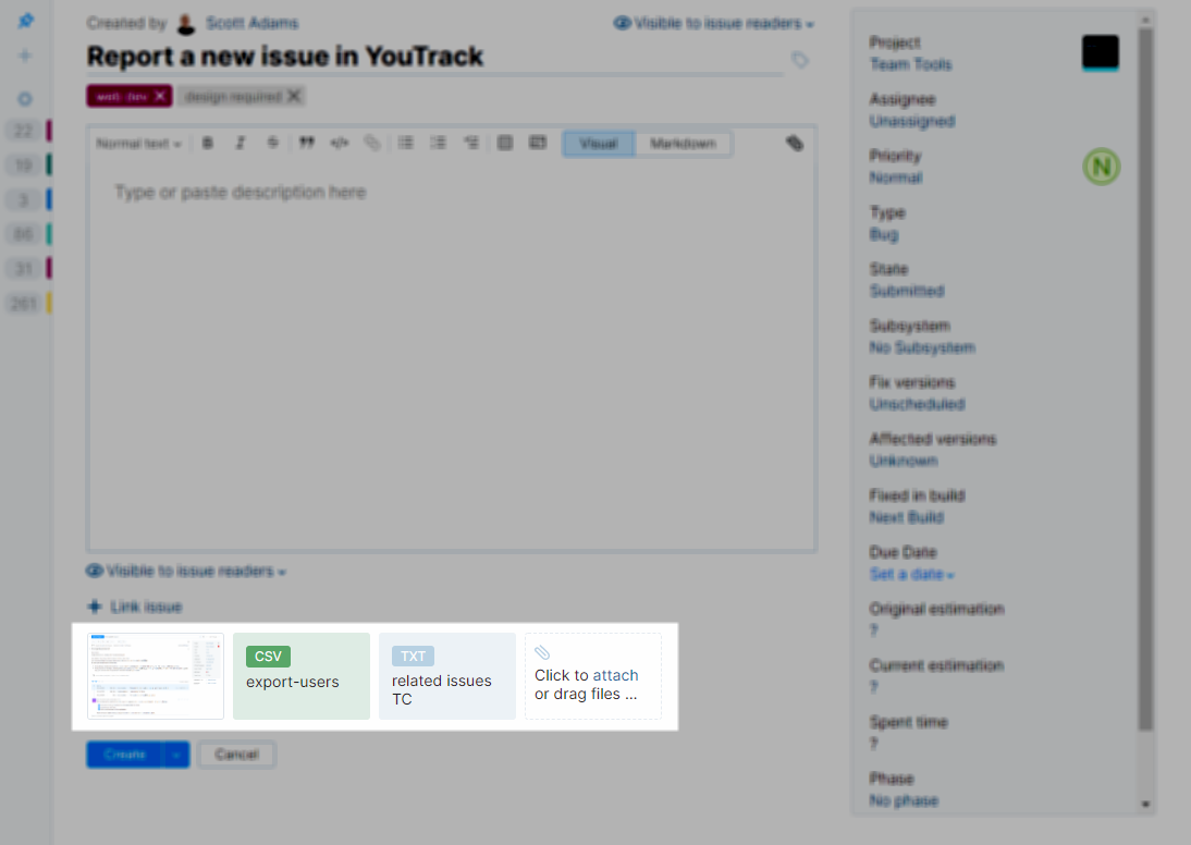 Attach files to a new issue in YouTrack Lite.