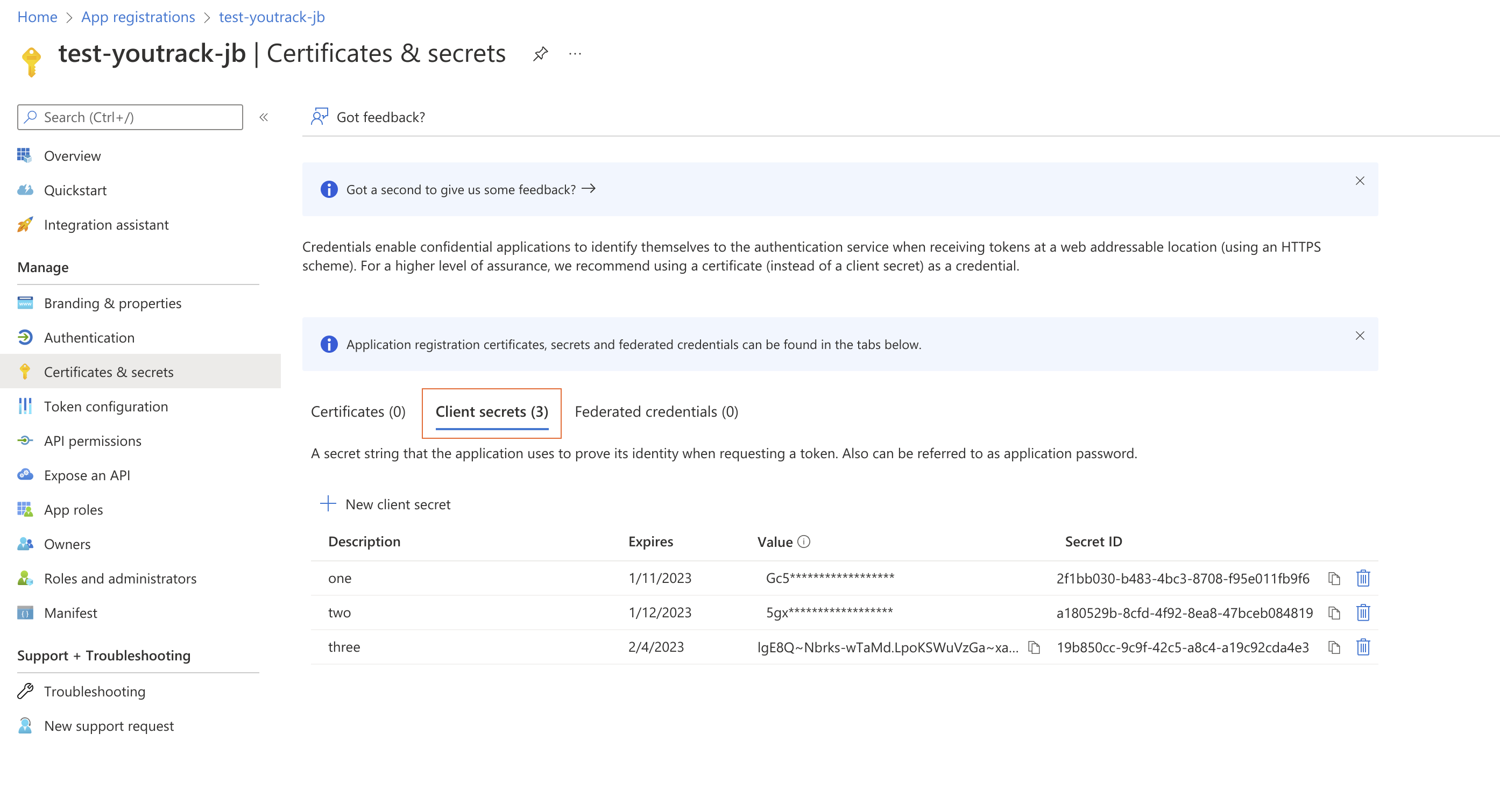 The Certificates & secrets section of a registered client application in Microsoft Azure.