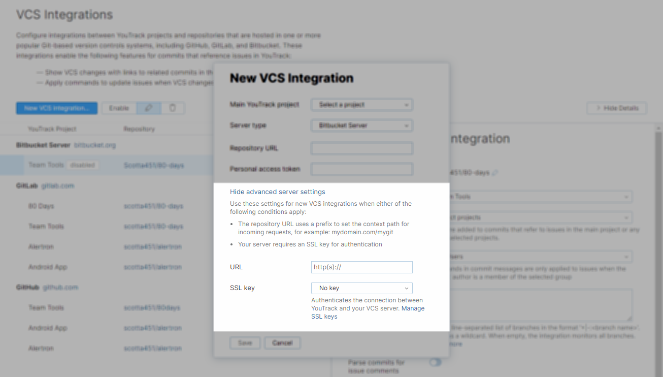 Advanced settings for a VCS integration with Bitbucket Server.