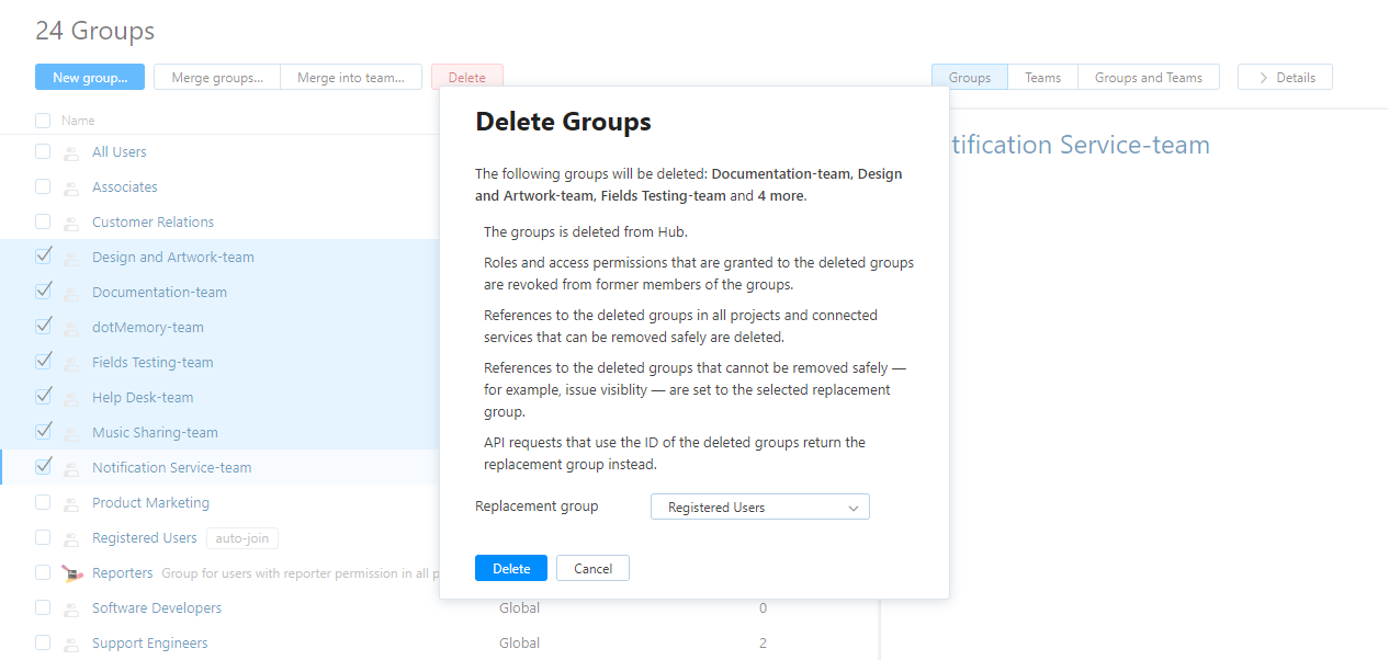 Delete group confirmation