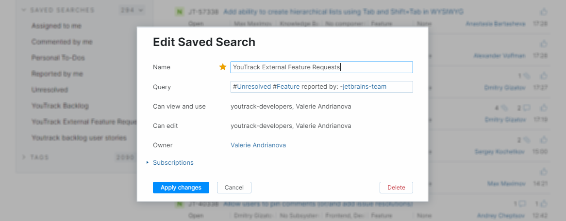 The Edit Saved Search dialog.