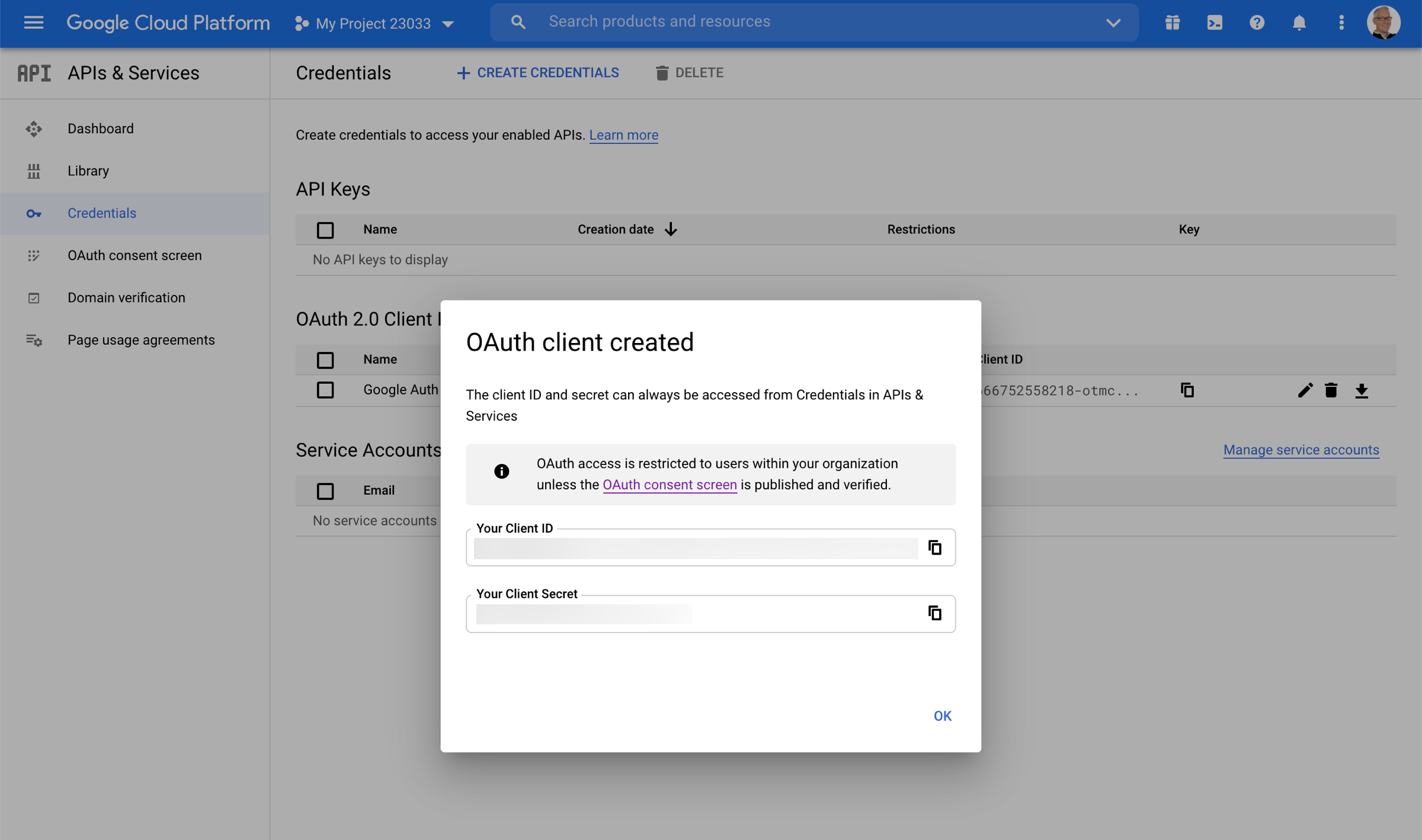 Google OAuth client created pop-up.