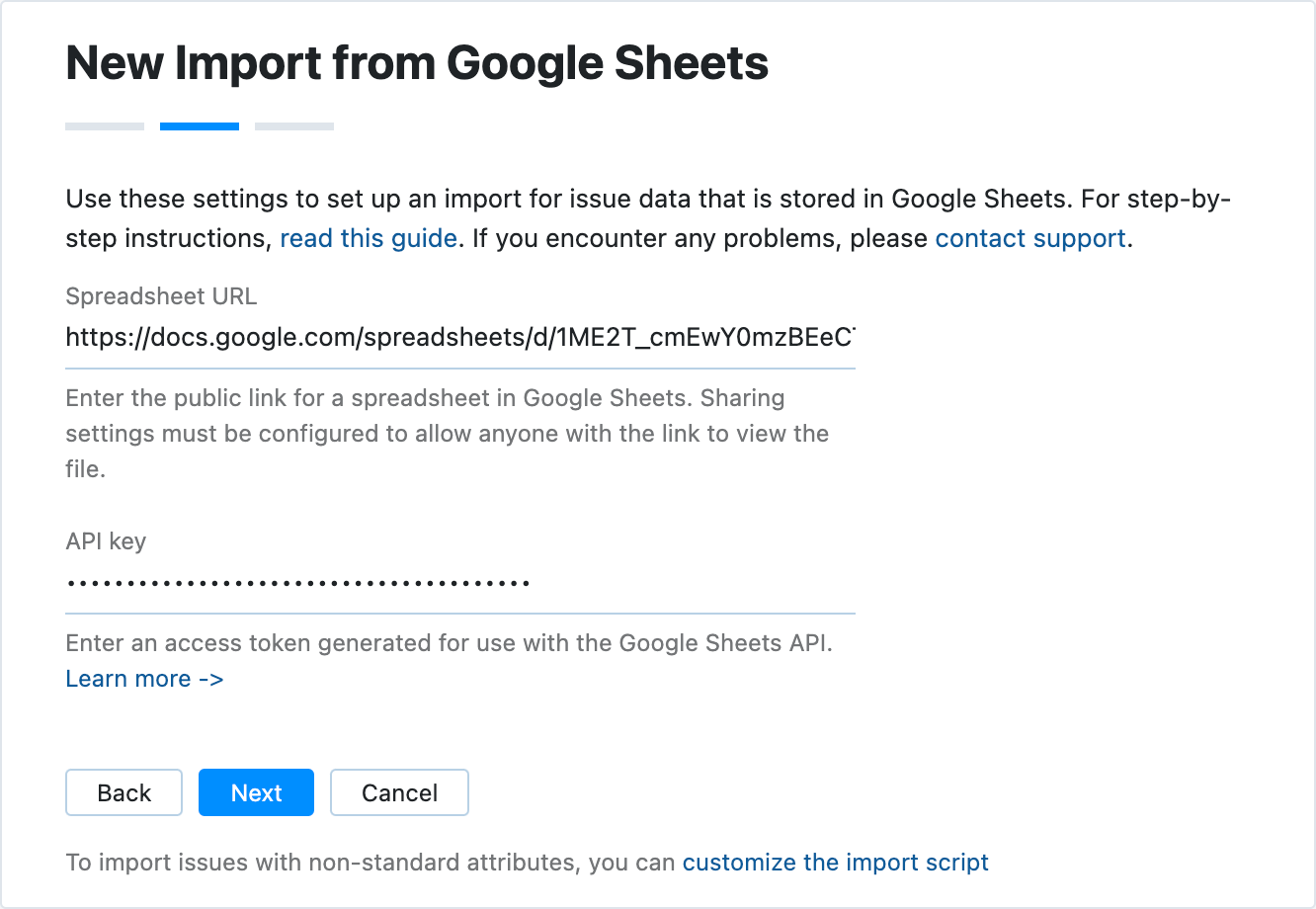 Google Sheets import settings