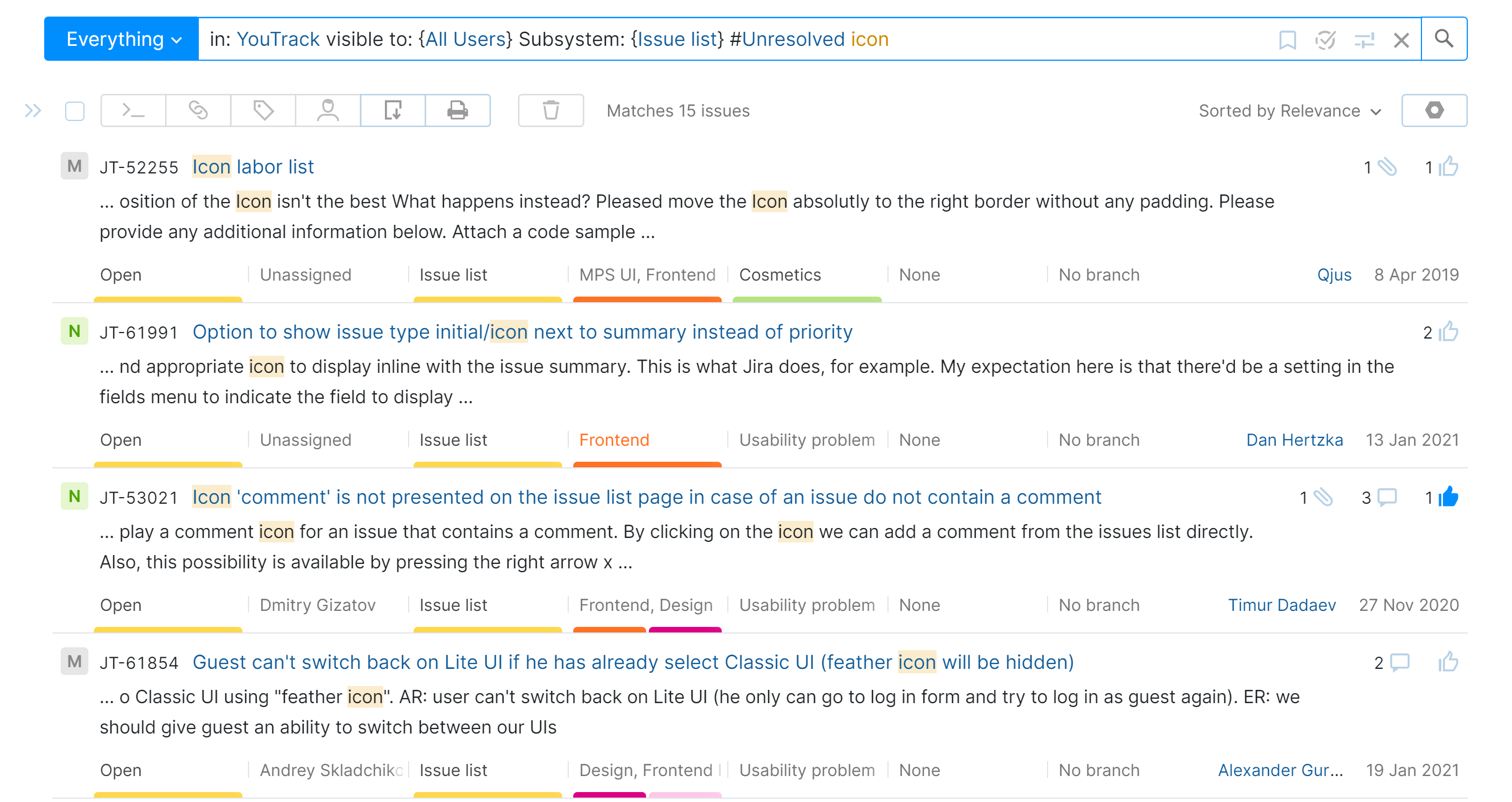 Text-based search query with highlighting applied to matching word forms in the search results.