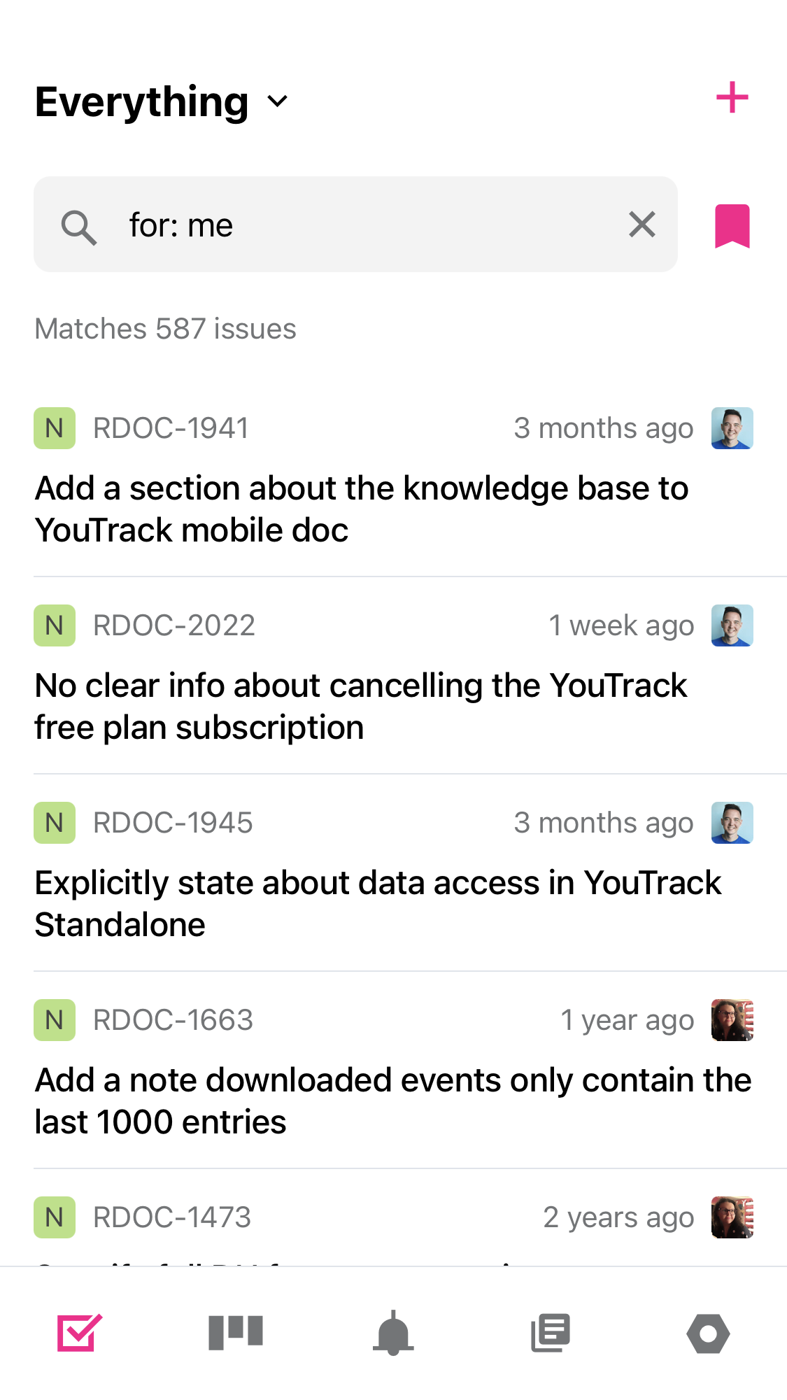 The Issues list in YouTrack Mobile.