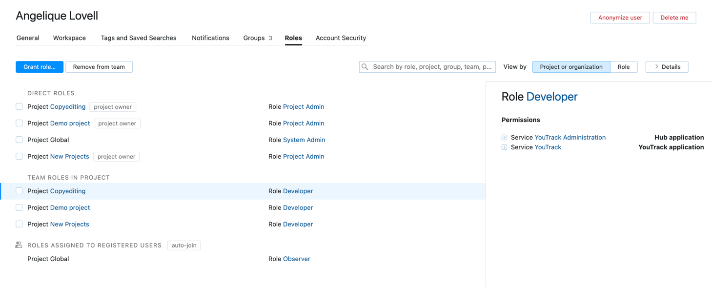 The list of role assignments for a YouTrack user account.