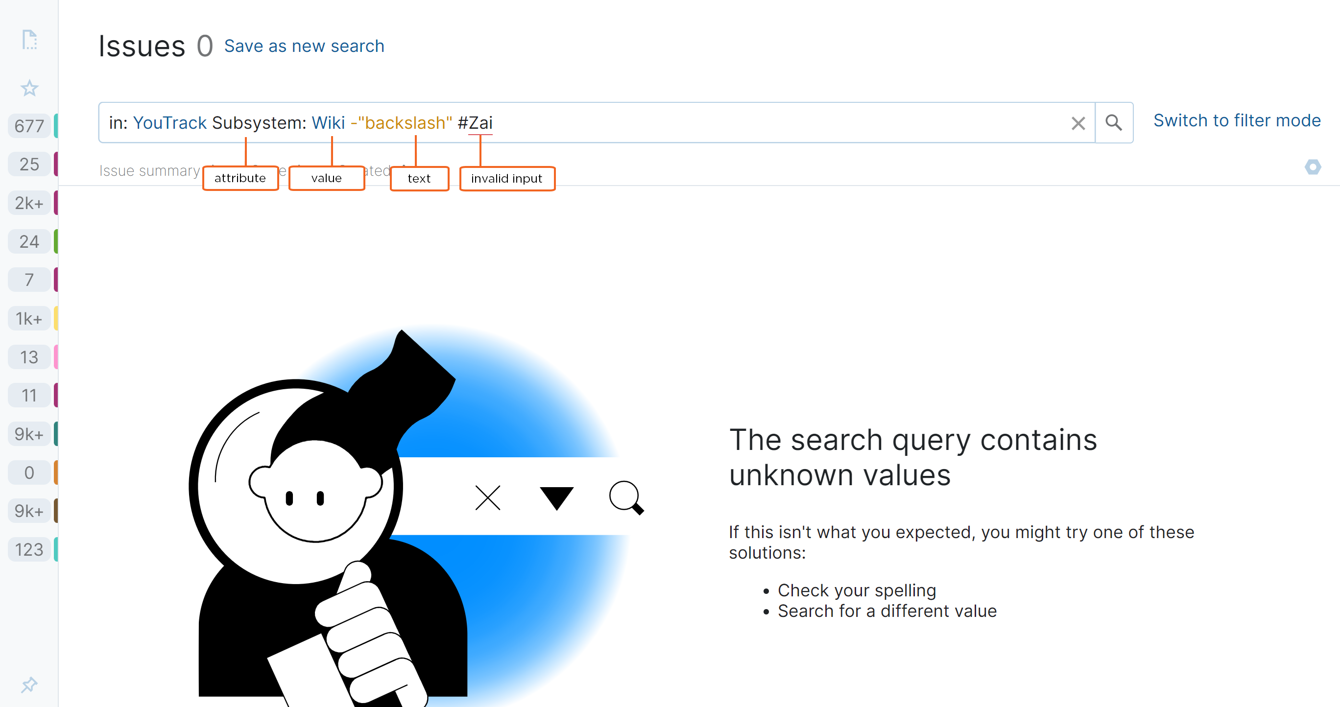 Search terms in the search box with query syntax highlights.