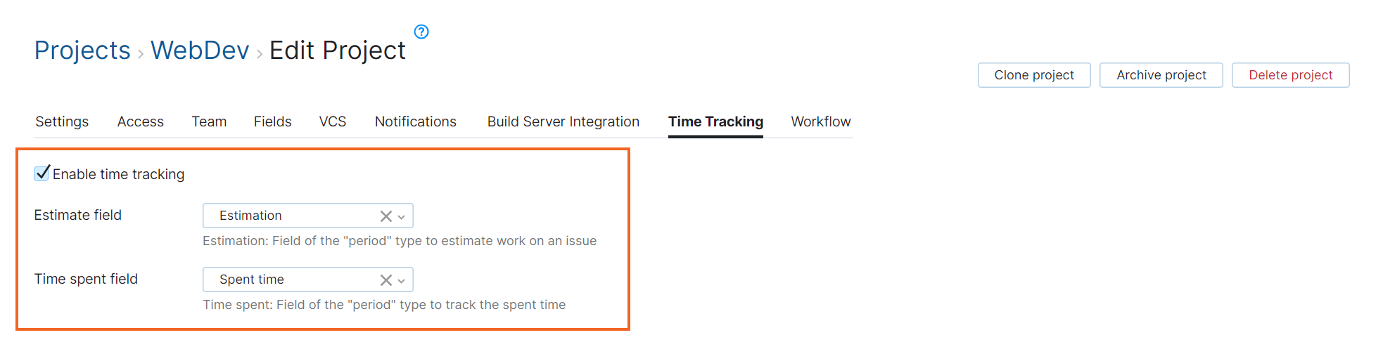 Agile time tracking project settings
