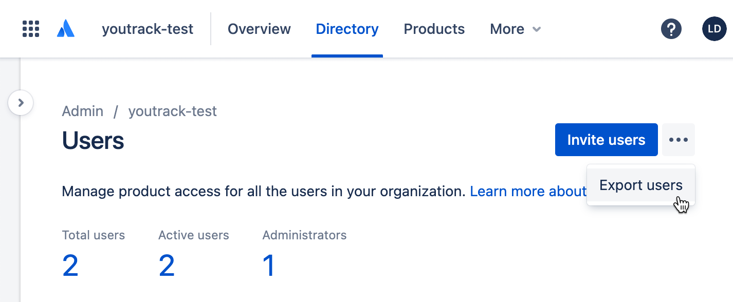 The option to export users in Atlassian Administration.