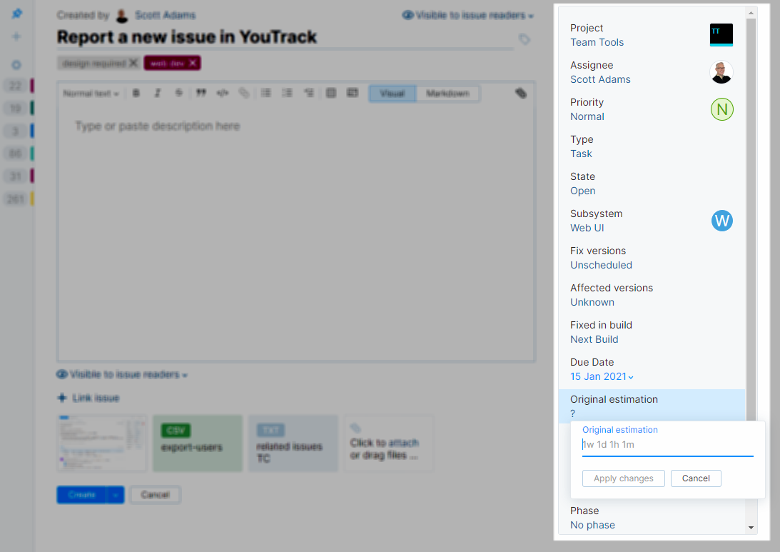 Custom field panel for a new issue in YouTrack Lite.