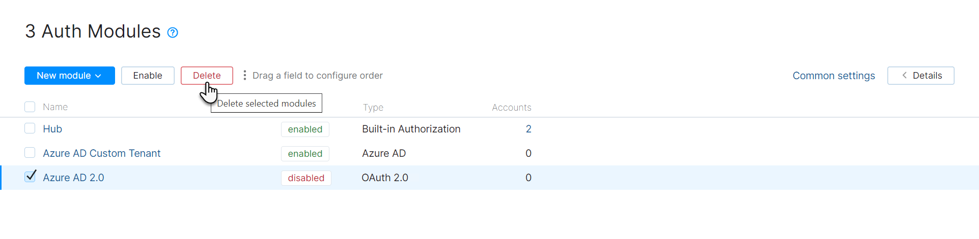 Option to delete the selected authentication module.
