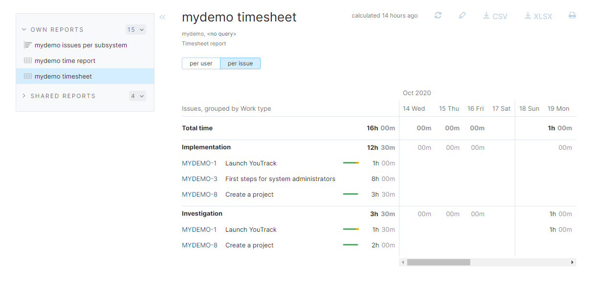 Timesheet report for demo project.