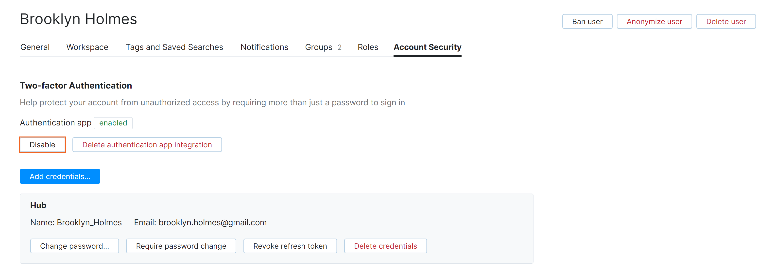 Disable two factor authentication
