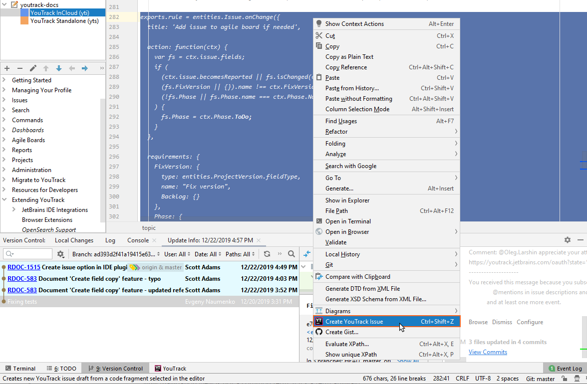 Create YouTrack Issue option in context menu.