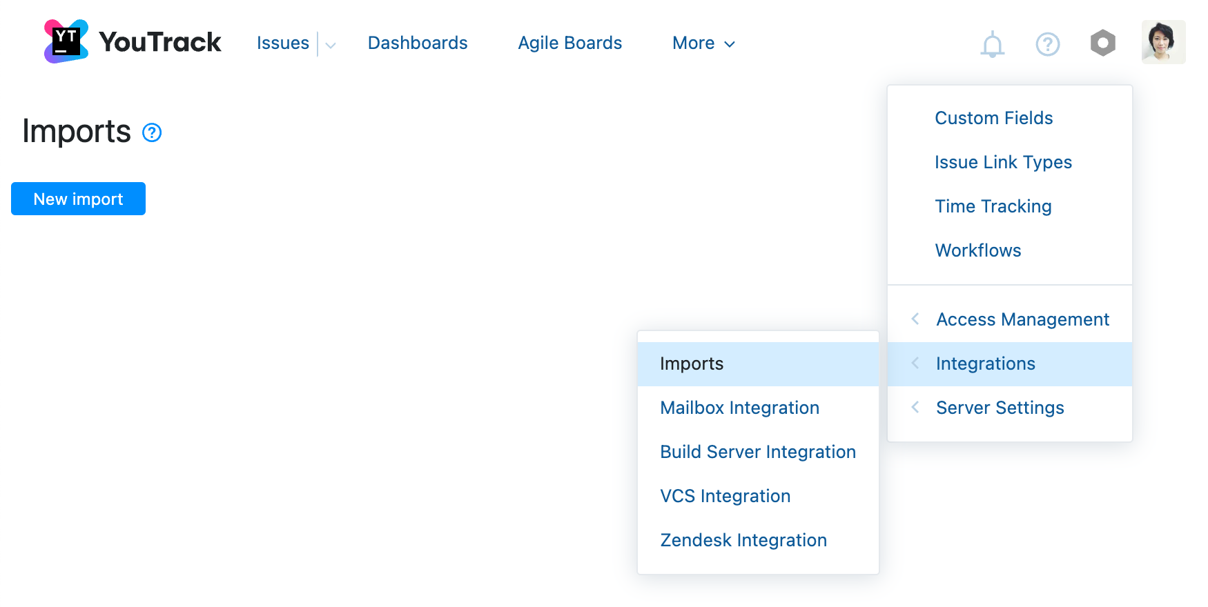 Imports page in YouTrack.