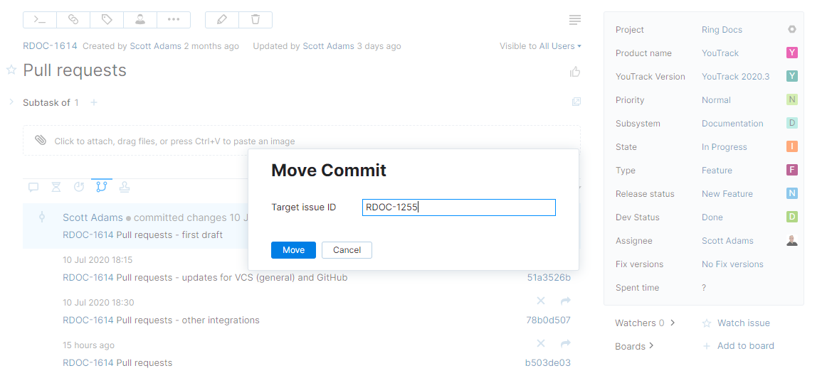 Dialog for moving commit to another issue.