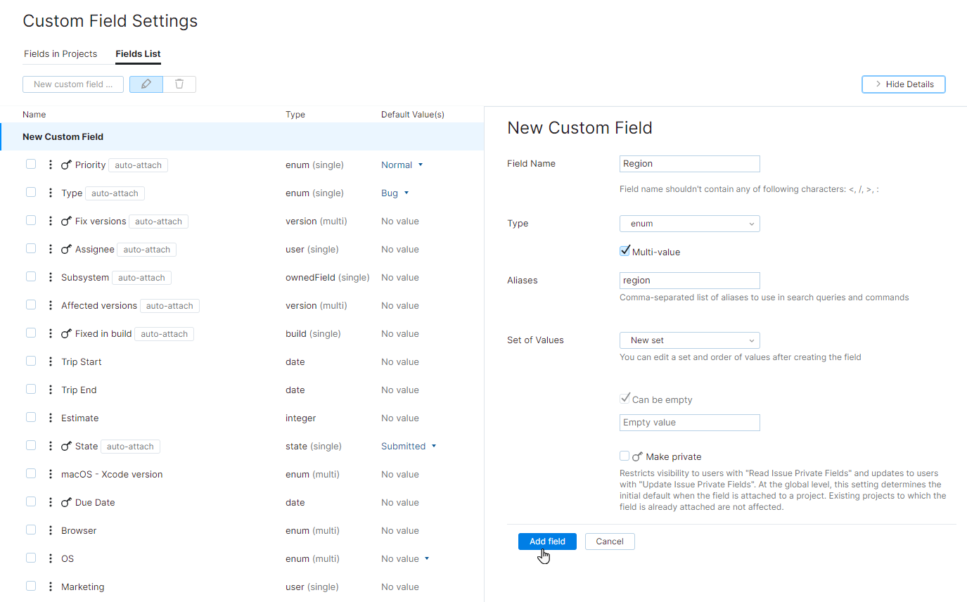 new custom field with enumerated type
