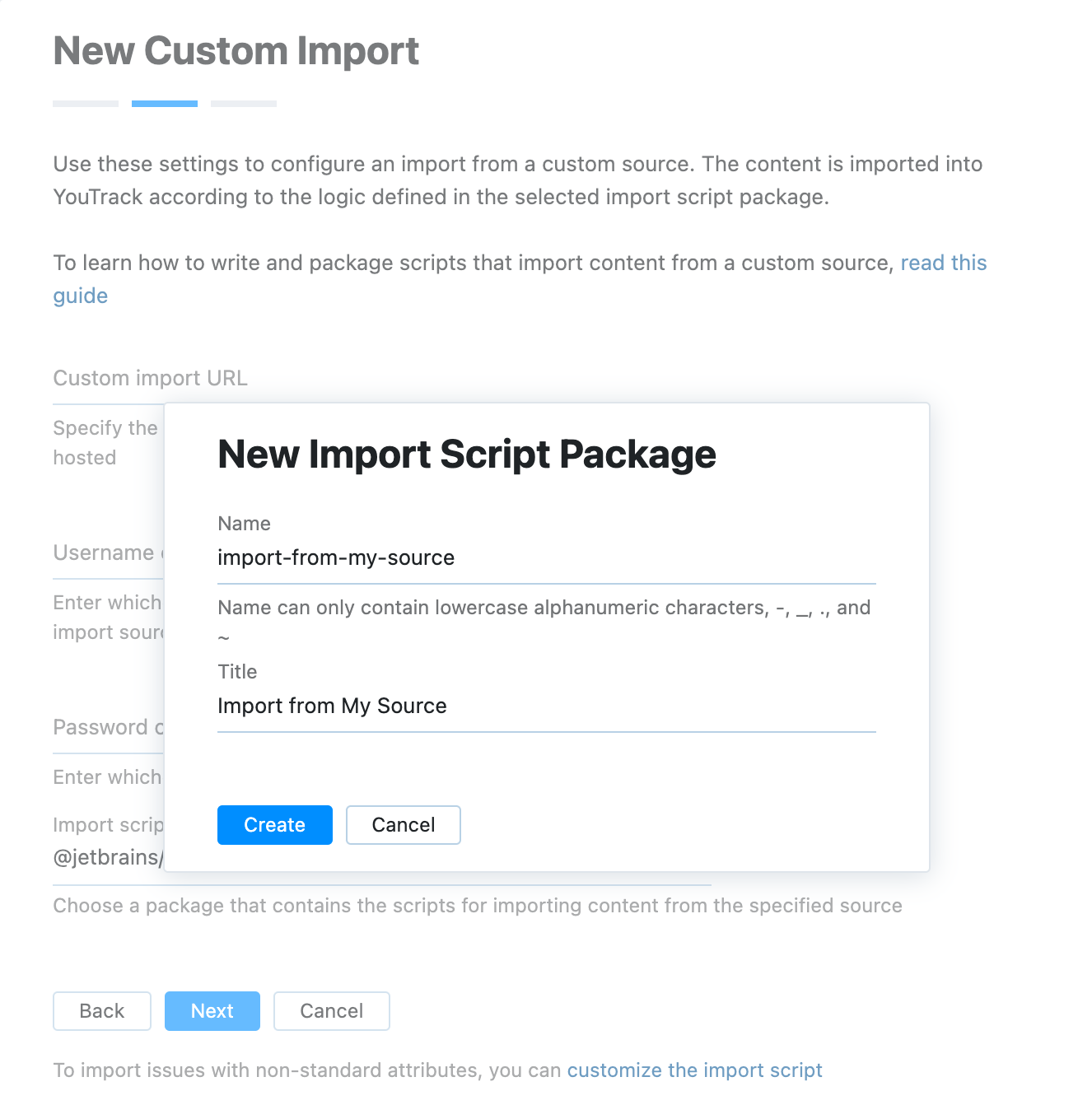 Enter new import script name and title