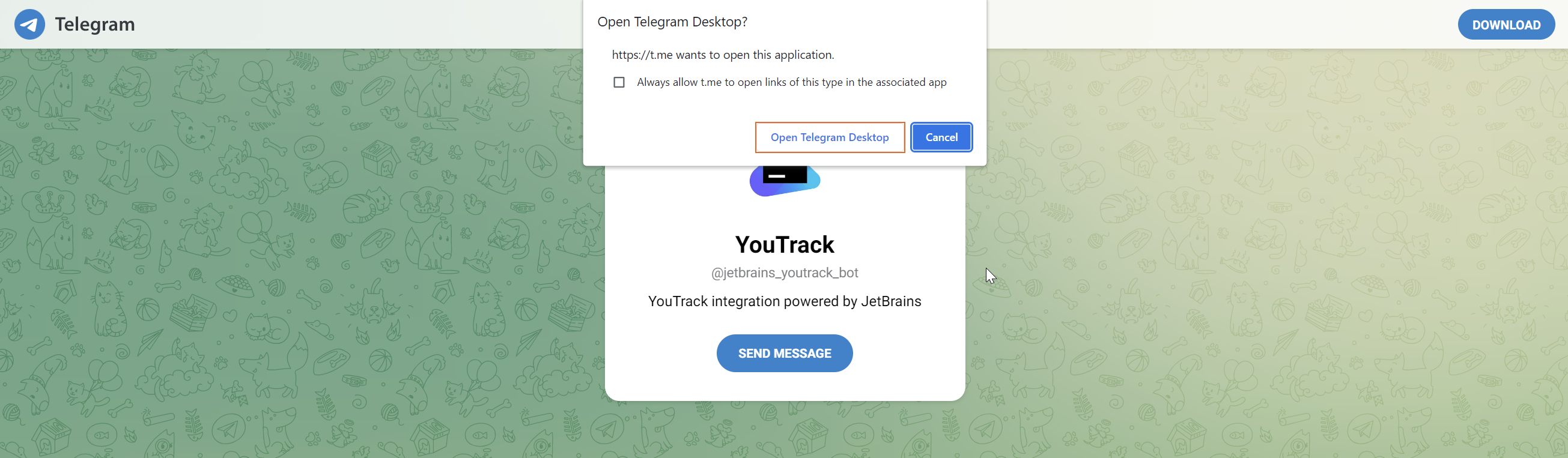 Option to connect with a Telegram account in the notification settings for a YouTrack account.