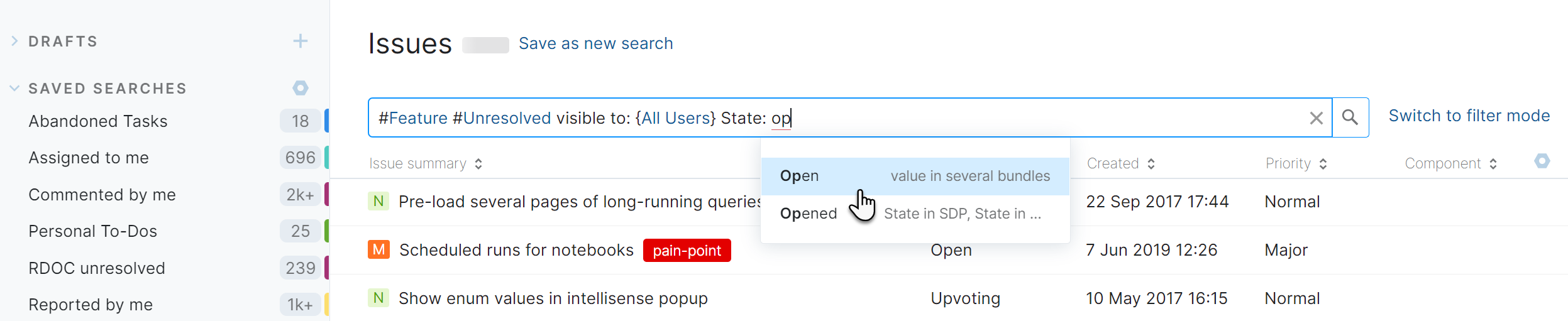 Query completion in the search box.