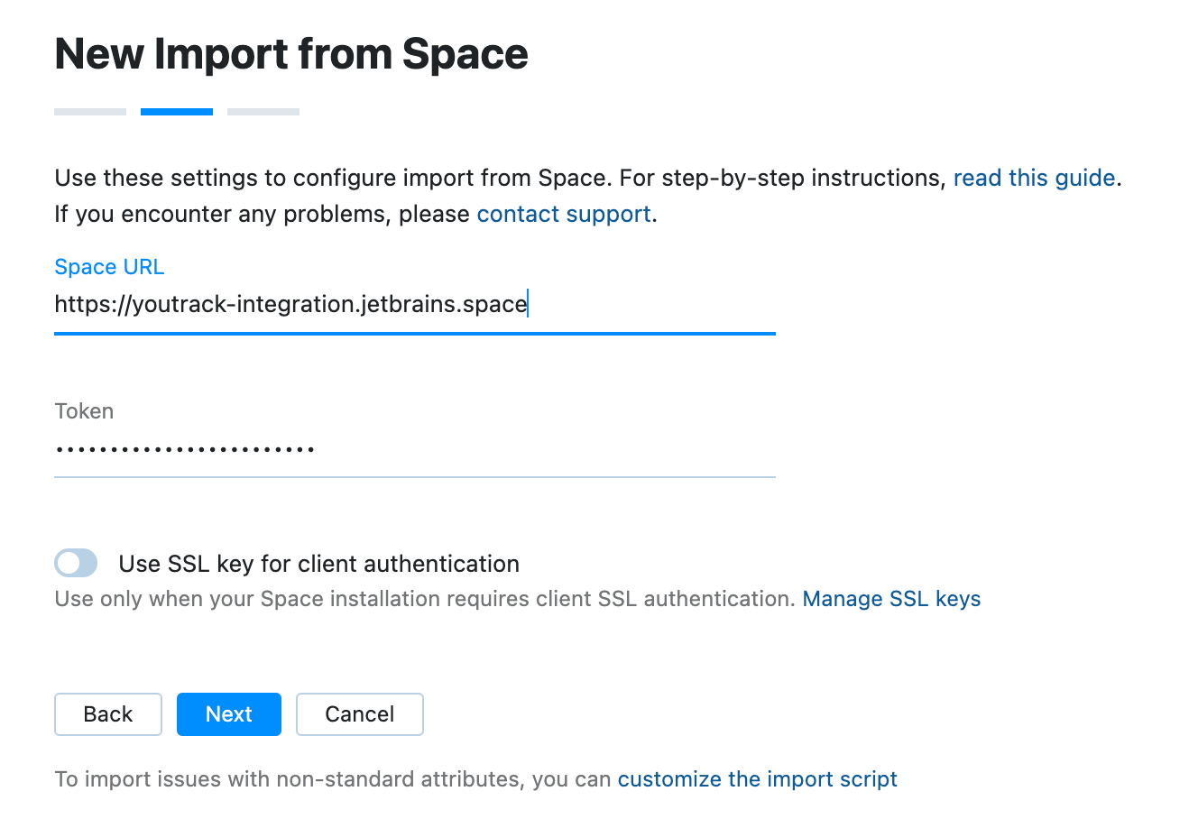 Space import settings