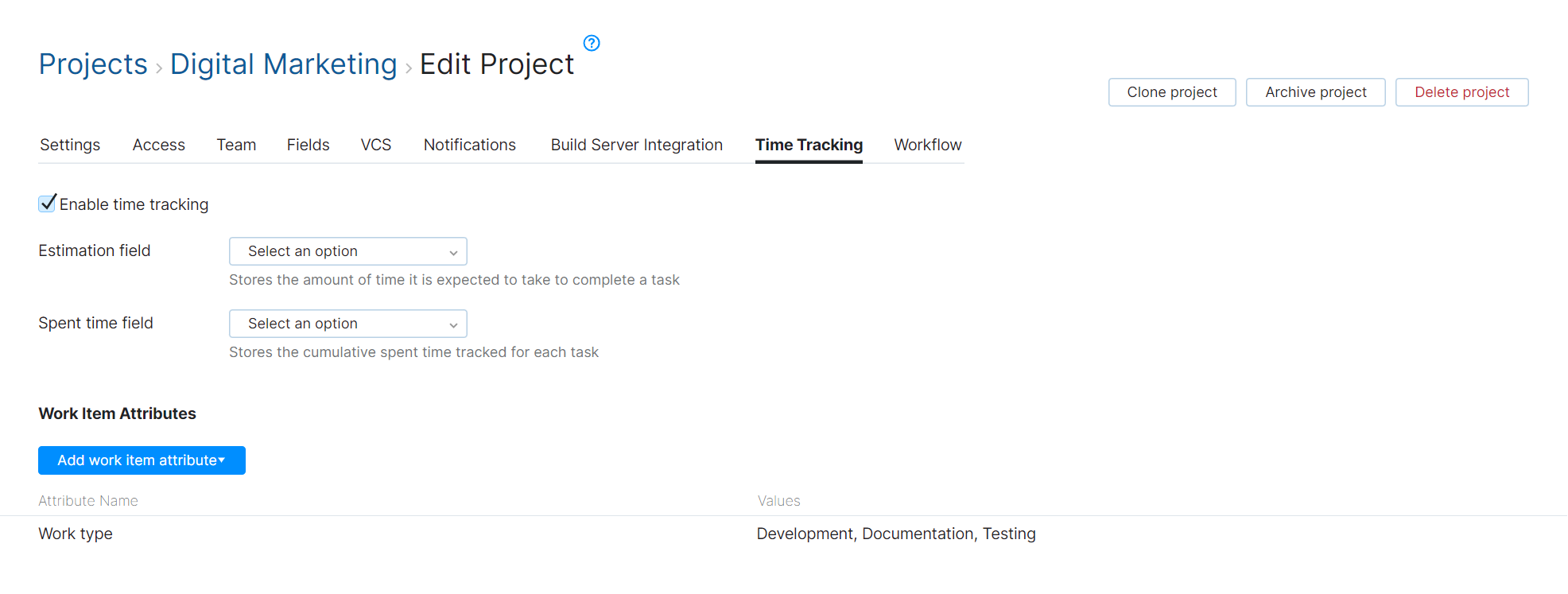 Time tracking settings in project