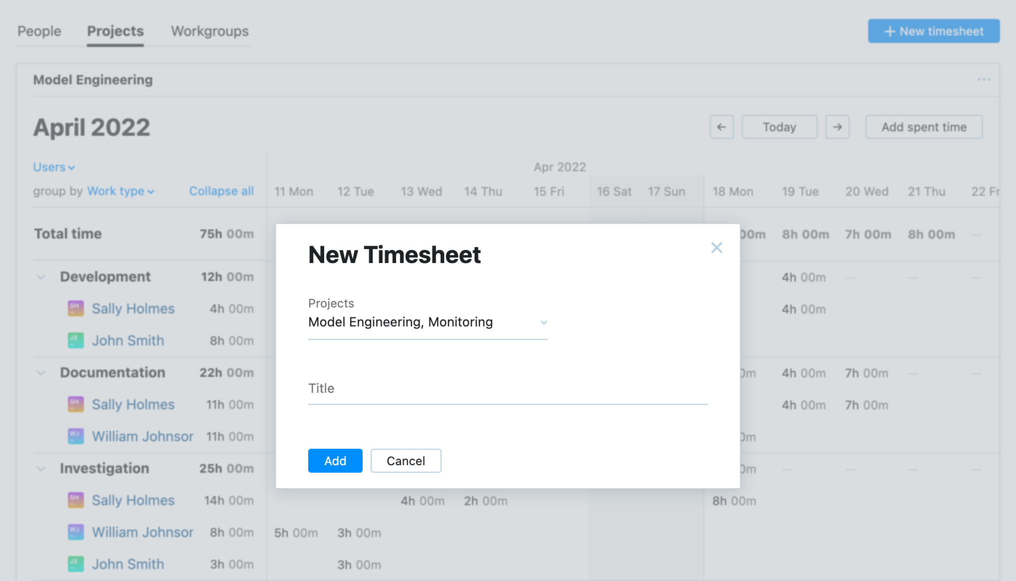 A dialog that lets you add a timesheet for selected projects.
