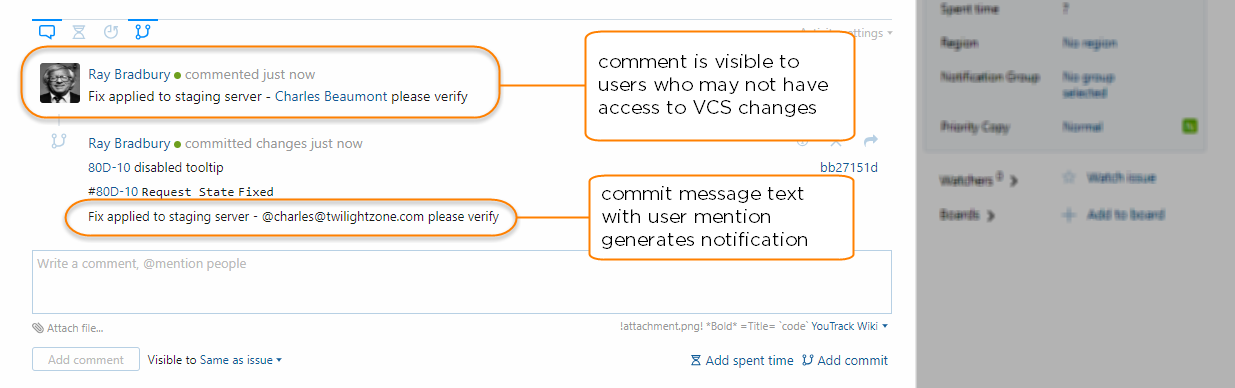 commit message with user mention