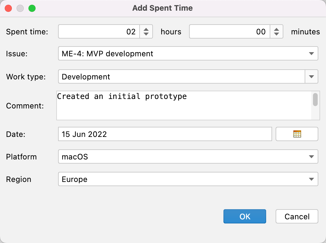 Add Spent Time dialog for the YouTrack Integration plugin.