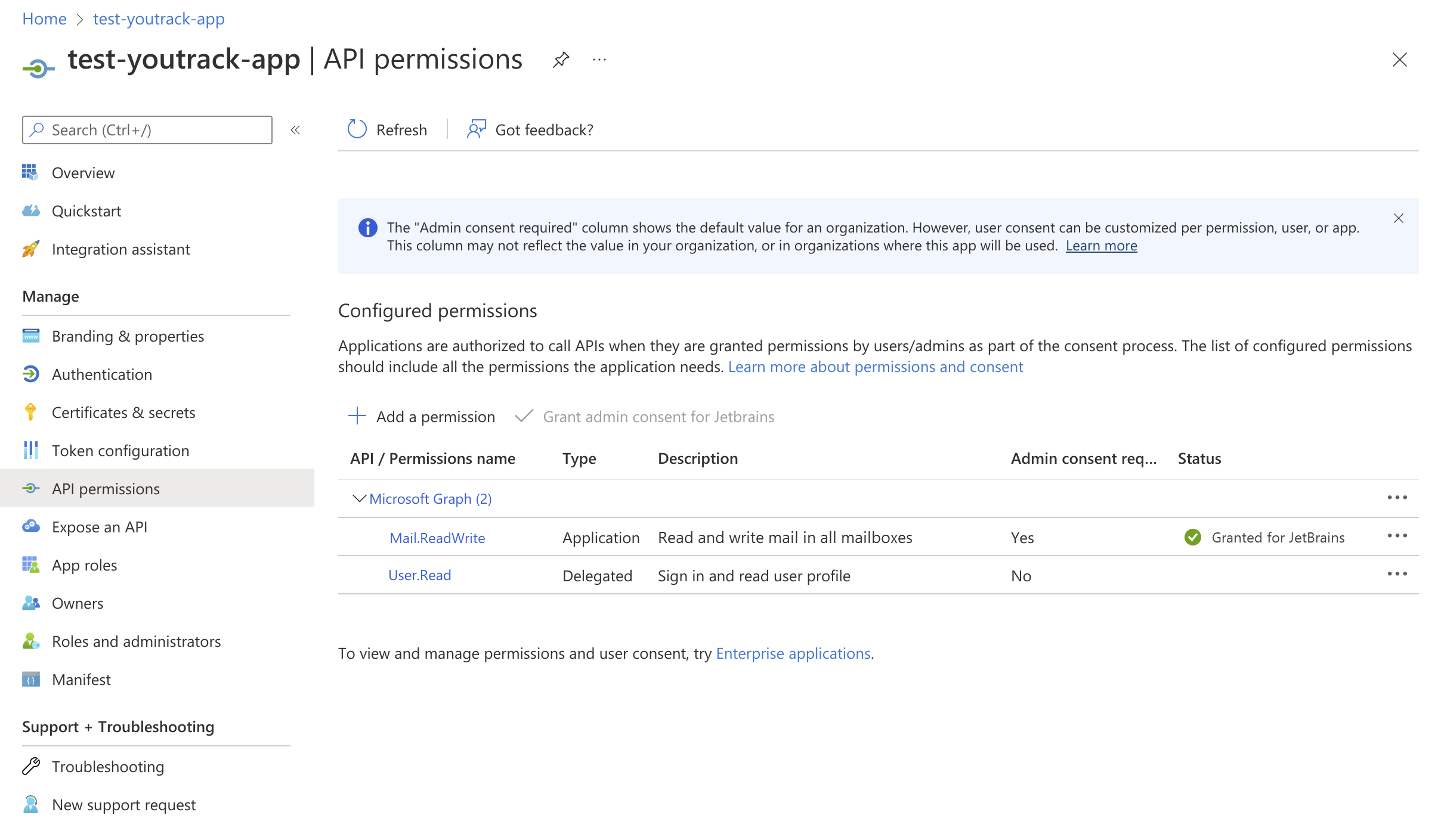 The API permission settings of a registered client application in Microsoft Azure.