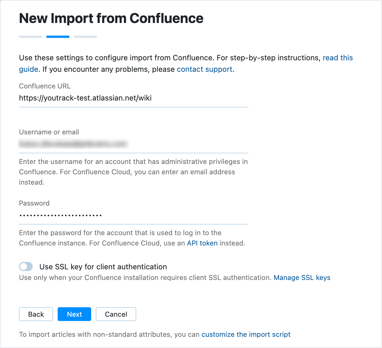 Confluence import settings