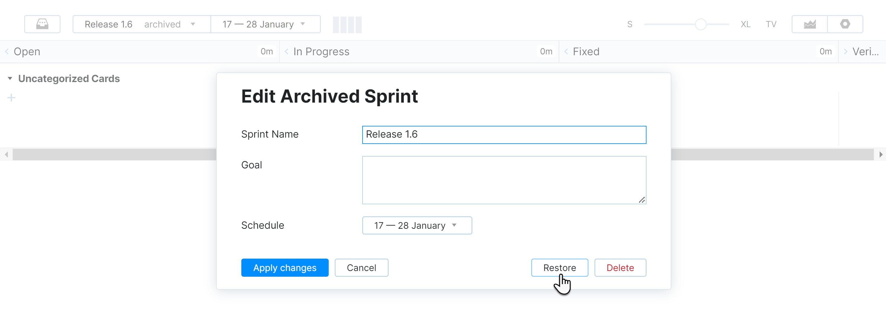 Restore option in the Edit Archived Sprint dialog.