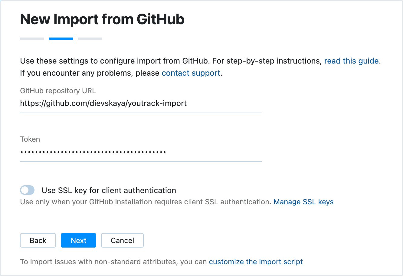 GitHub import settings