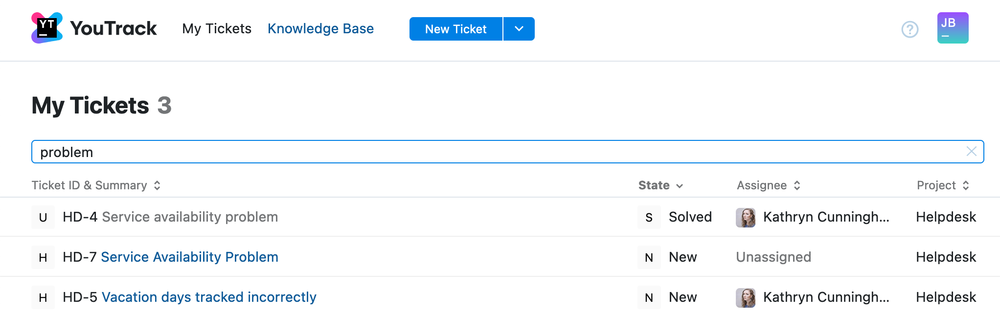Type keywords to filter tickets